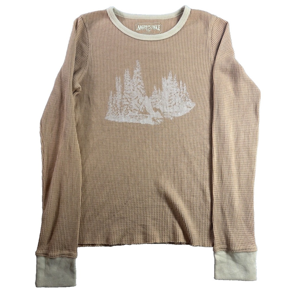 American Eagle Waffle Knit Thermal Shirt Women Small Tan Pine Tree Graphic AEO